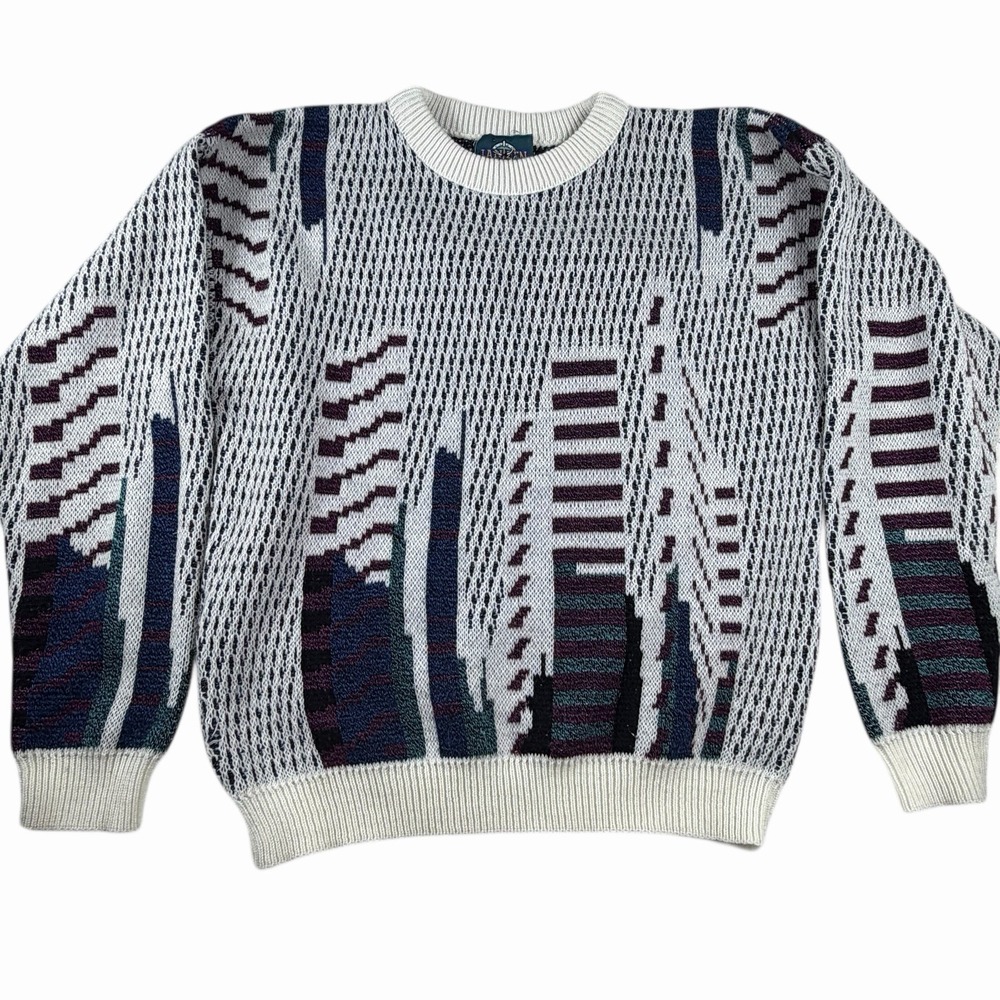 VTG 80s Jantzen Layered Sweater Grandpa White Blue Green Preppy Sz S/M Geometric